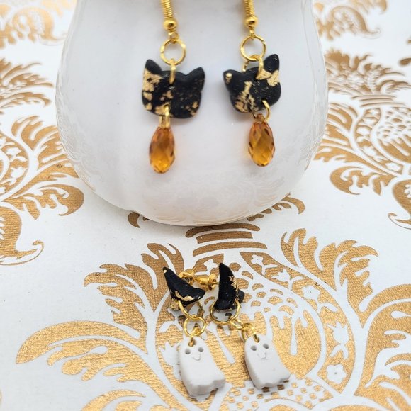 Set of 2 Halloween black cat ghost hat gold orange Swarovski crystal earrings - Picture 4 of 9